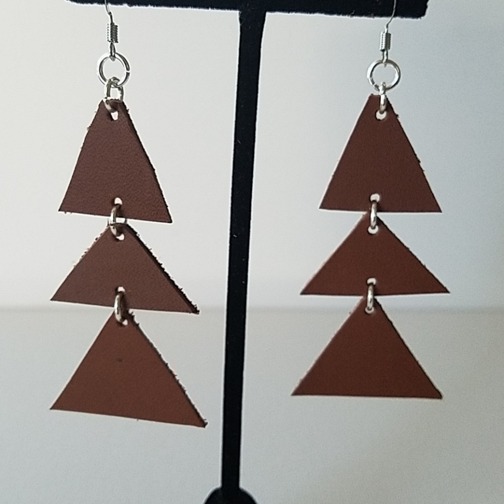 Boho brown leather triangle dangle earrings